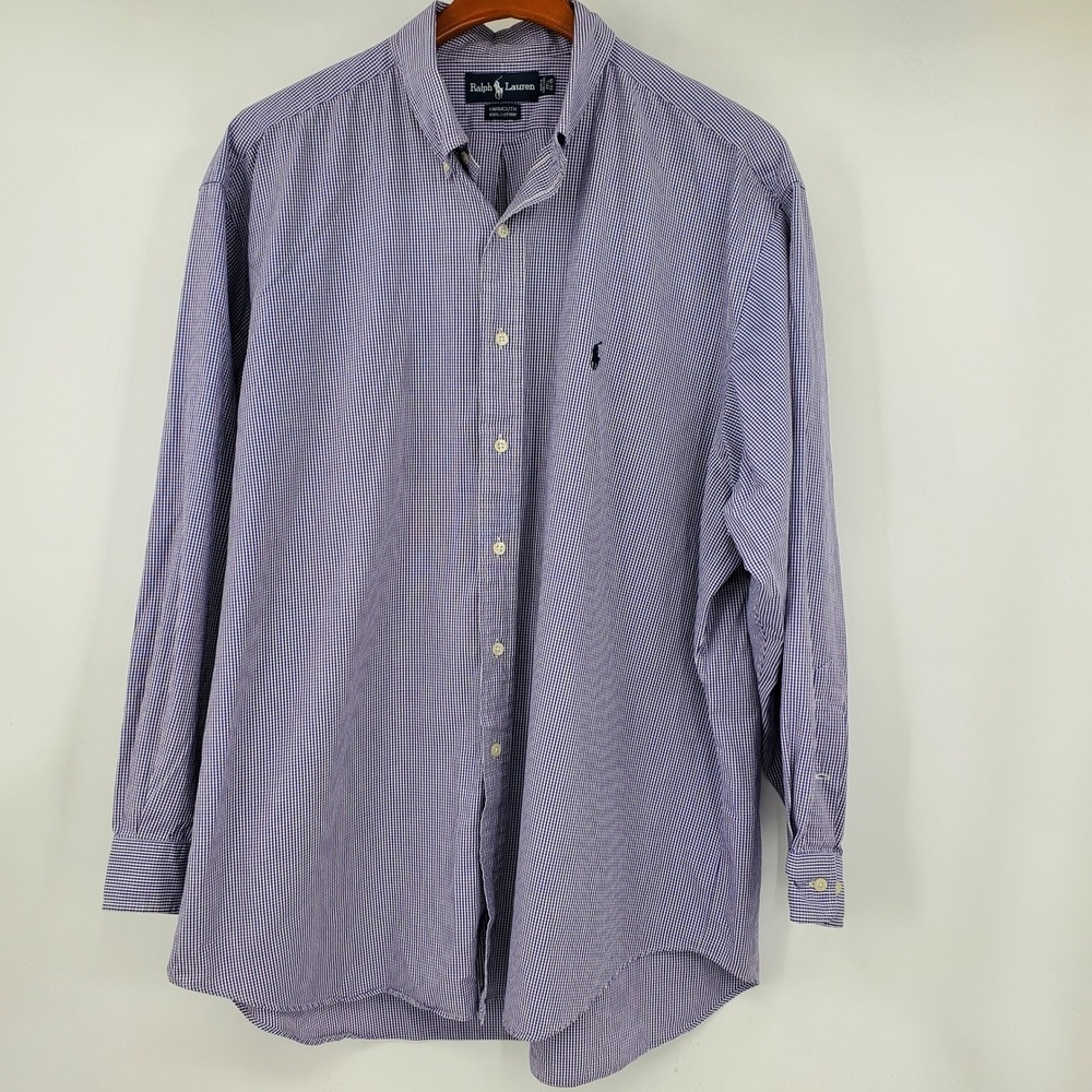 Ralph Lauren Yarmouth Mens 17.5 34/35 Purple Gingham Cotton Button Down Shirt
